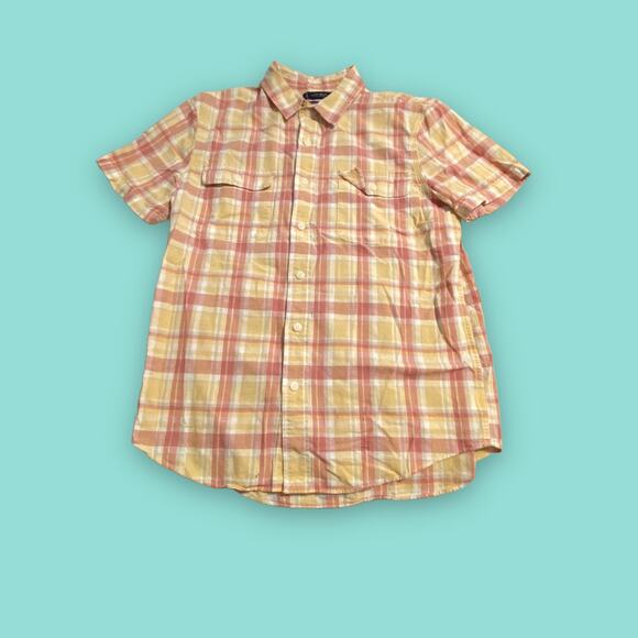 Lucky Brand Men's Classic Fit Cotton Linen Coral Yellow Plaid Button Shirt Med - Picture 1 of 8